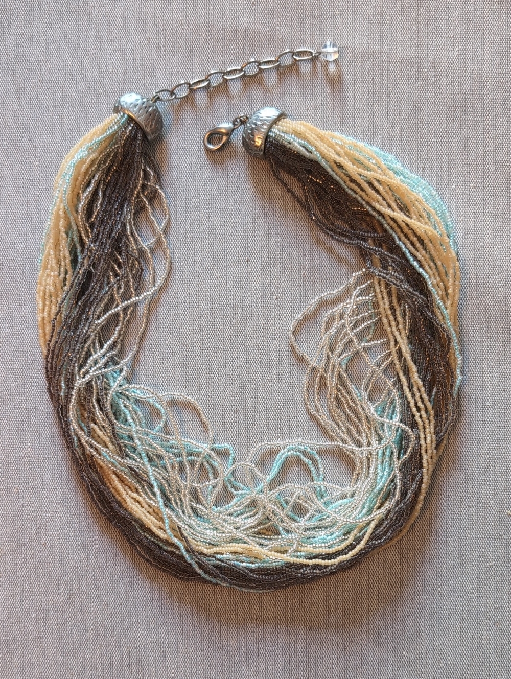Multi-Strand Seed Bead Necklace in Cream, Gray & Aqua